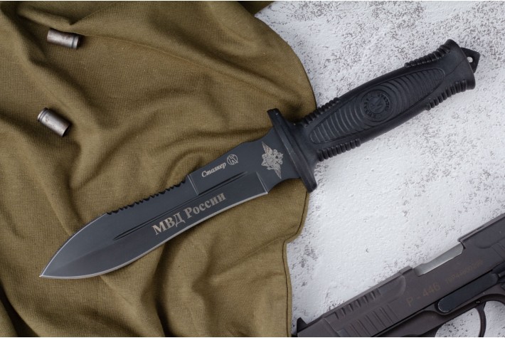 Нож Сталкер - черный/эластрон с символикой МВД 