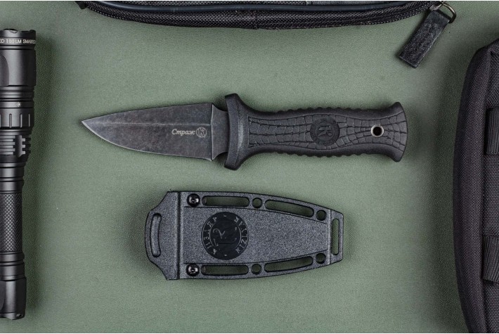 Нож Страж AUS-8 стоунвош черный эластрон 