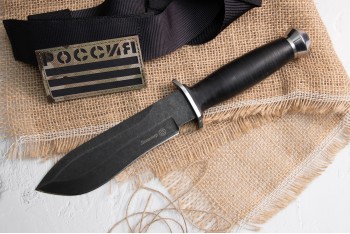 Нож Легионер AUS-8  стоунвош черный кожа